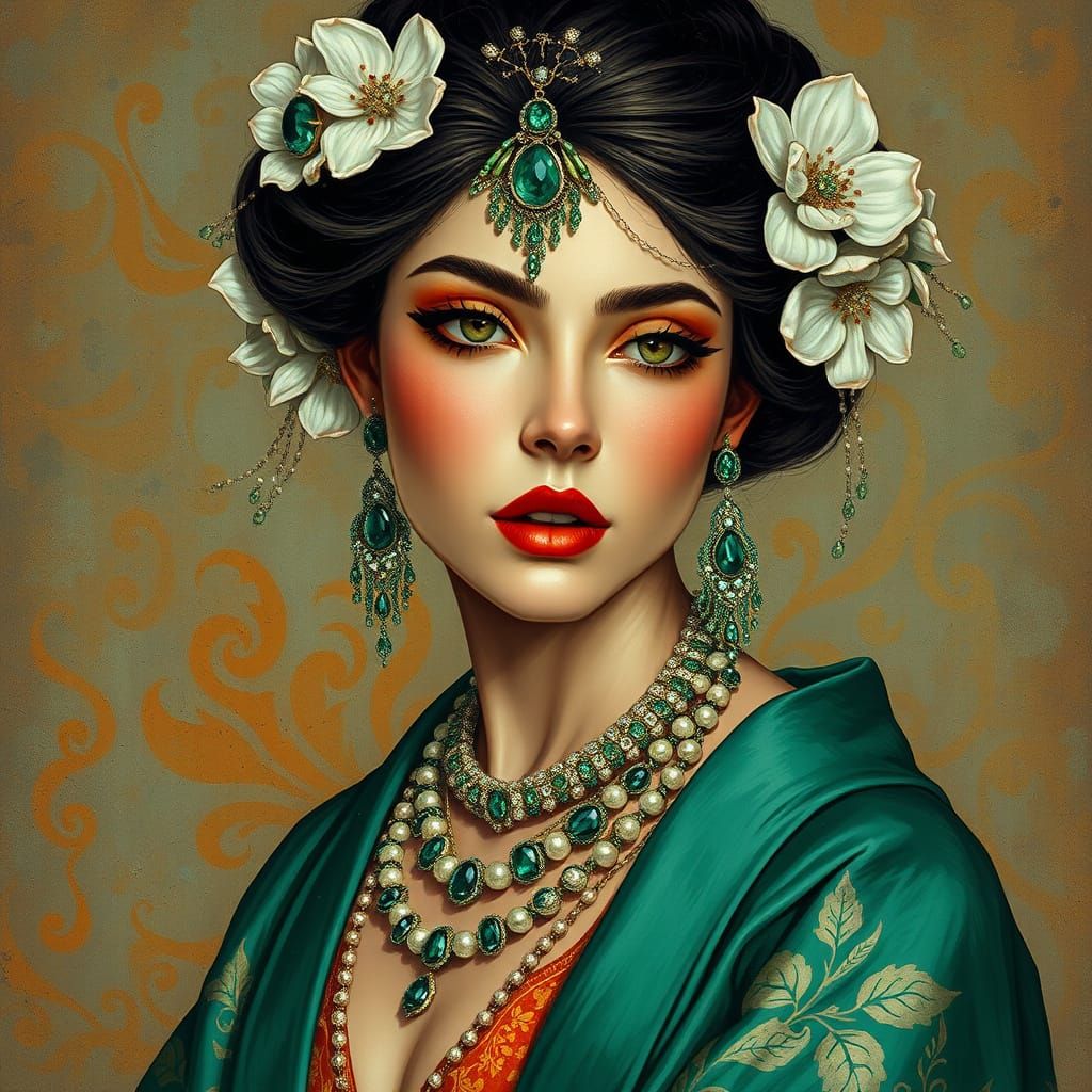 Woman in Emerald Green Kimono with Intricate Jewelry and Flo...