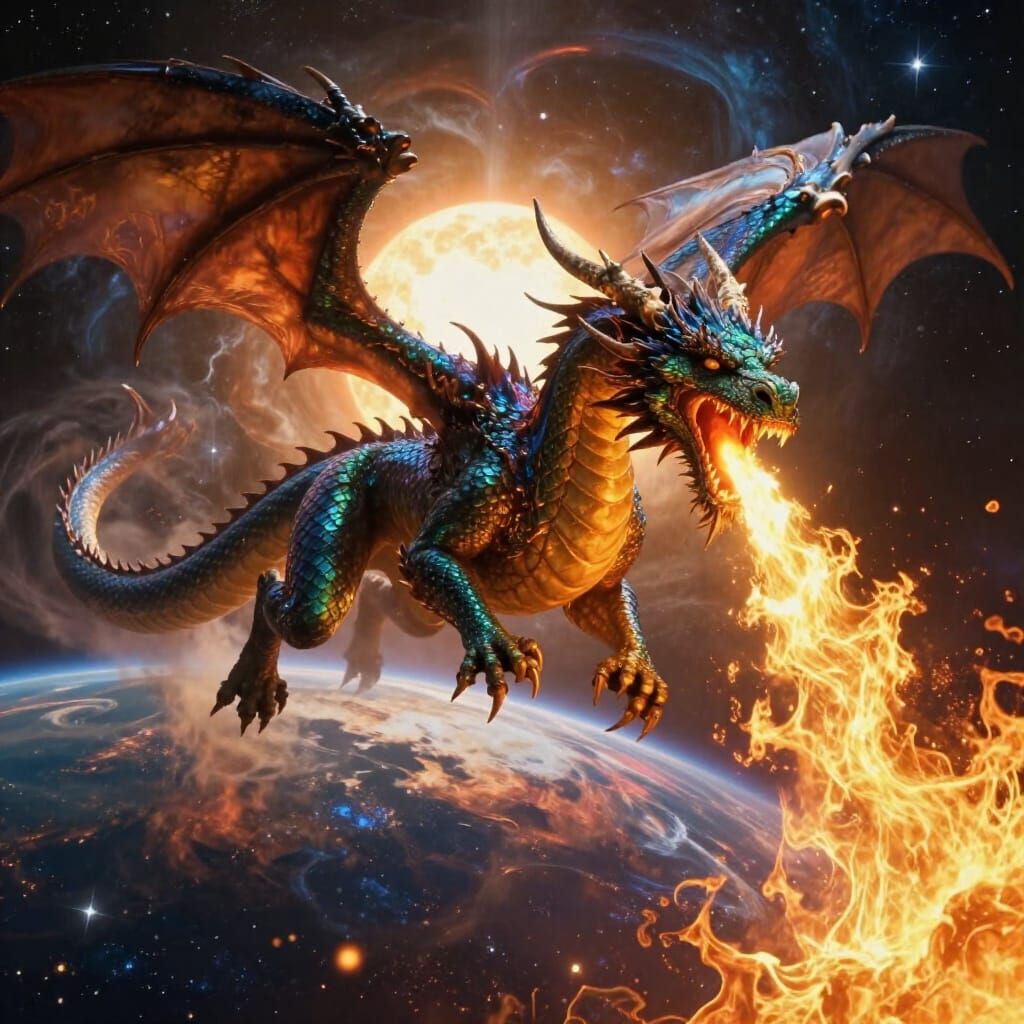 Majestic Dragon Engulfs Mercury in Molten Gold Fire