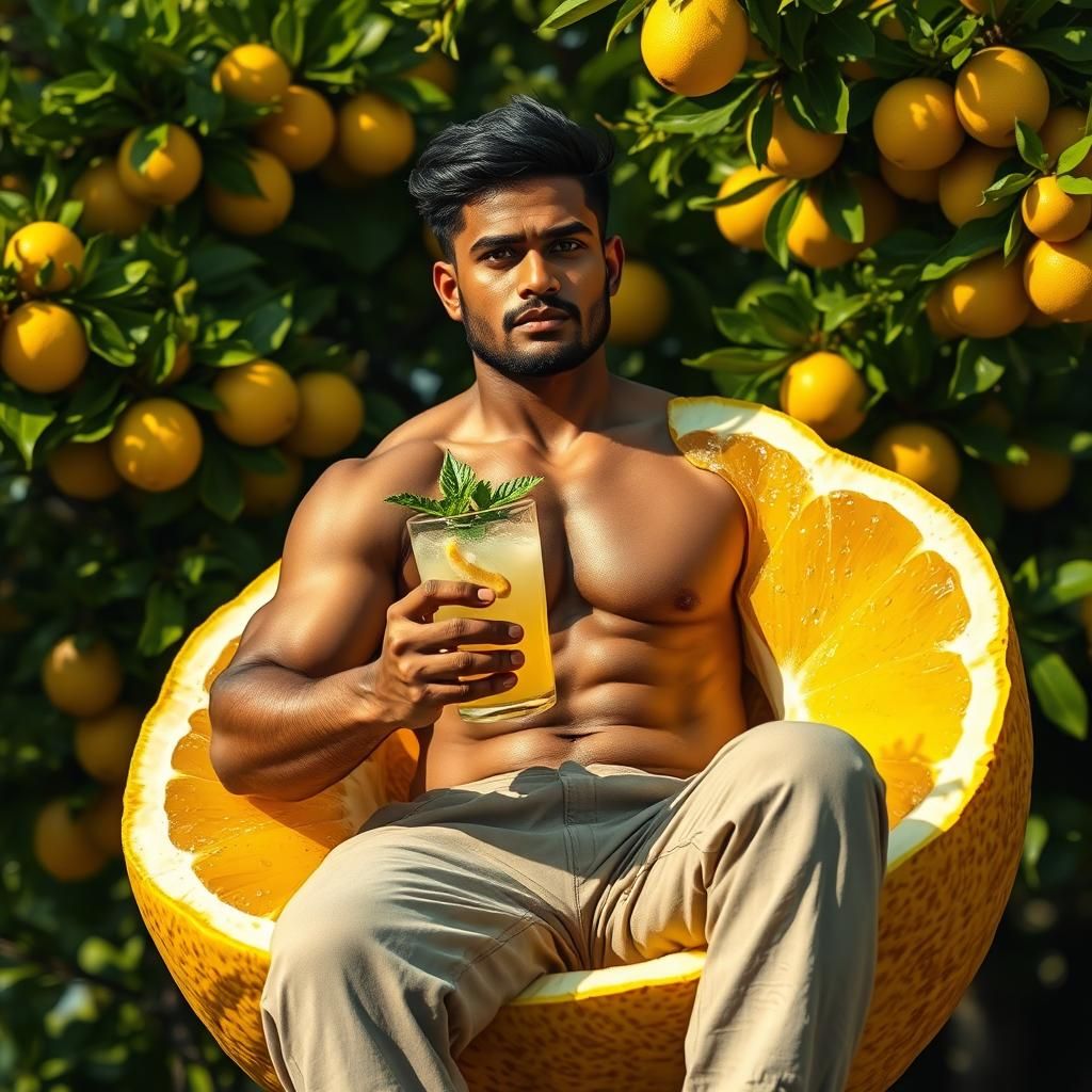 Indian Man Relaxes in Lemon in Hyperrealistic Style