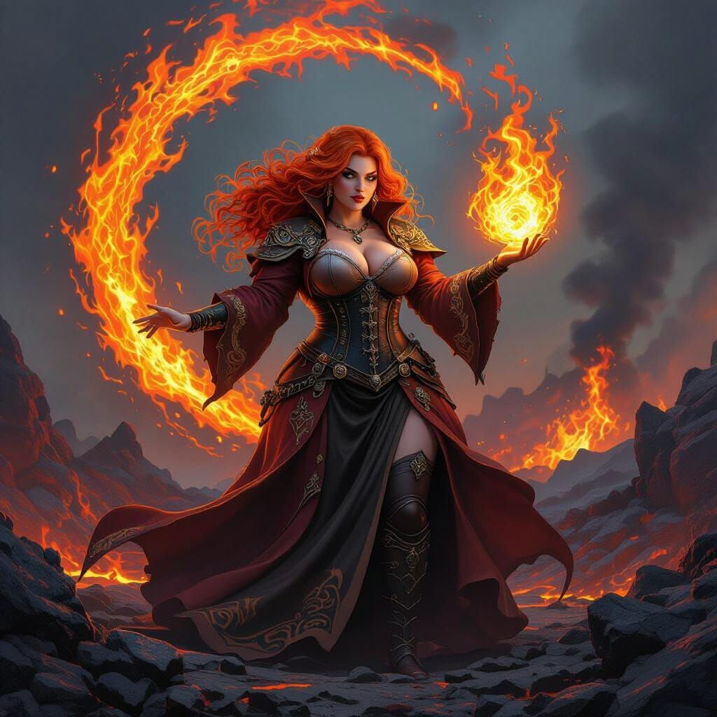 BBW Fire Mage Conjures Flames in Dark Fantasy Art