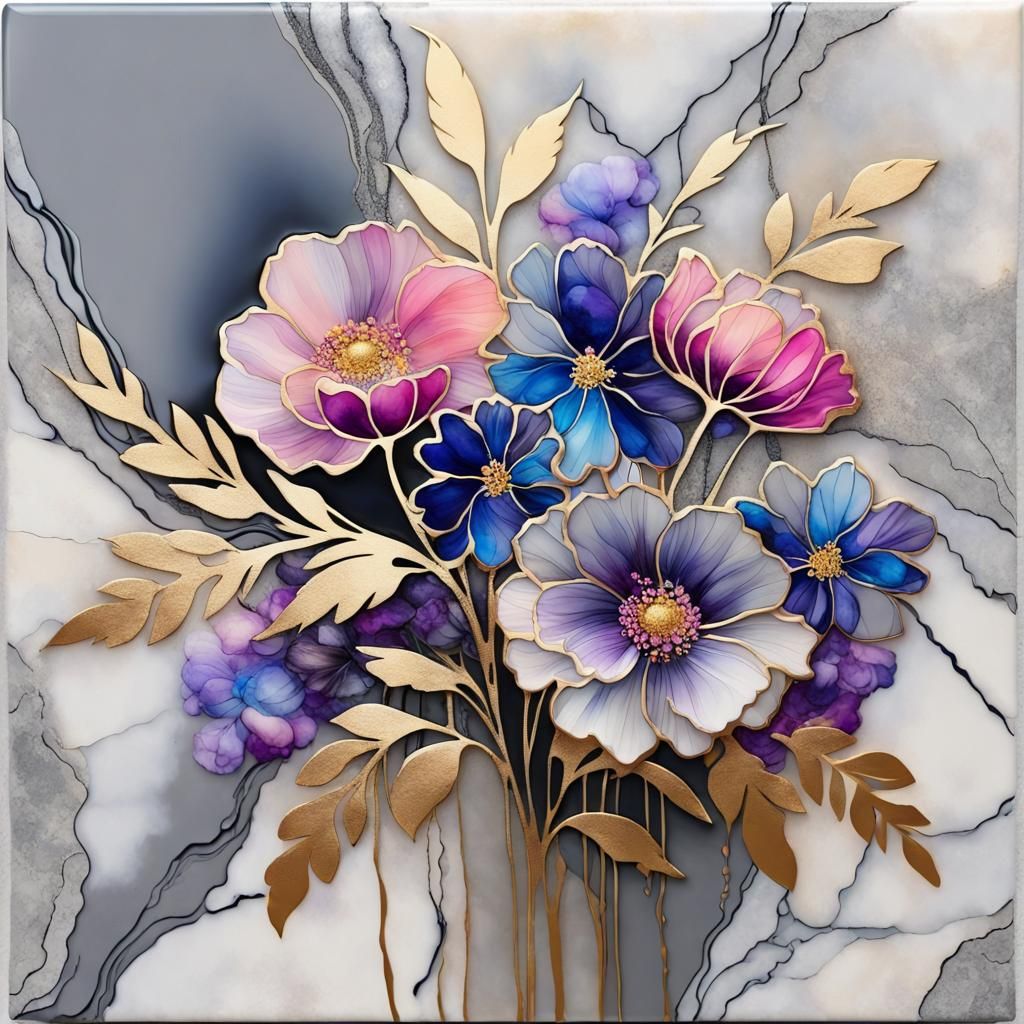 Vivid Floral Art on Gray Marble with Golden Streaks