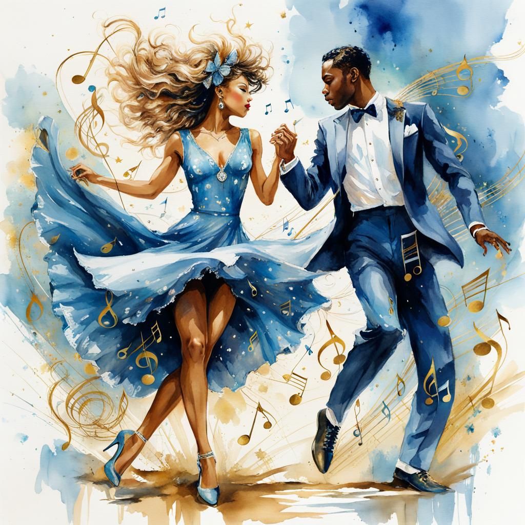 Lindy Hop Dancers on Beach with Gramophone in Watercolor