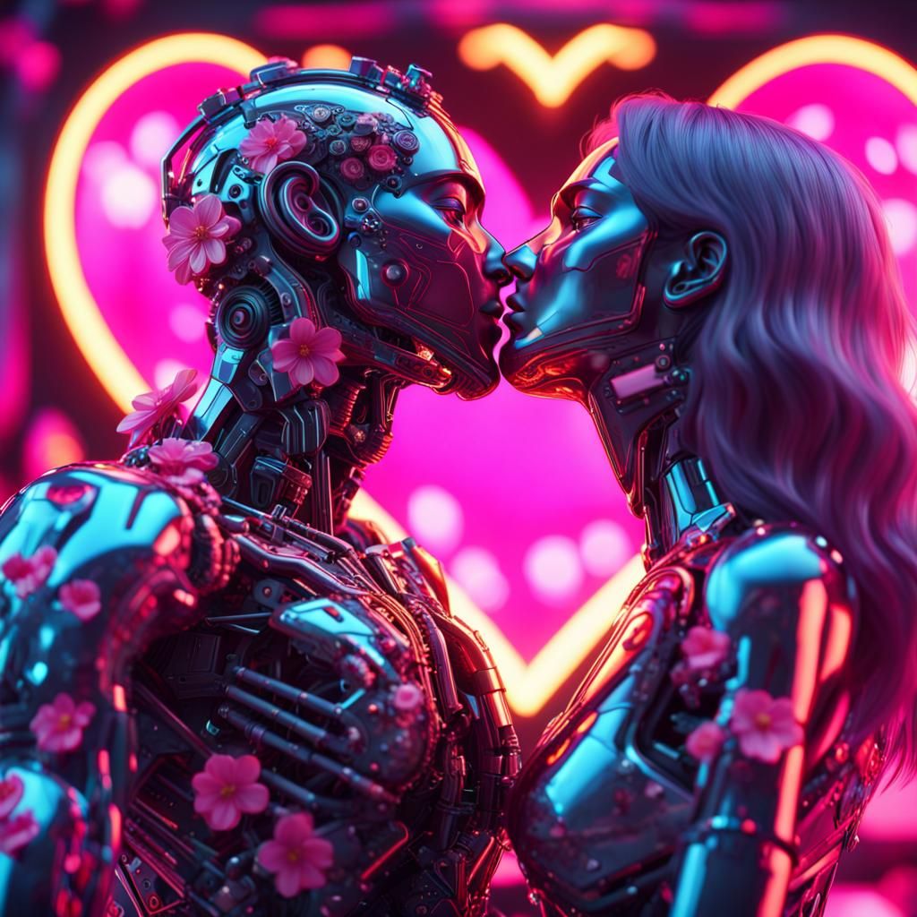 Neon Love: Cybernetic Kiss Amidst Floral Glow