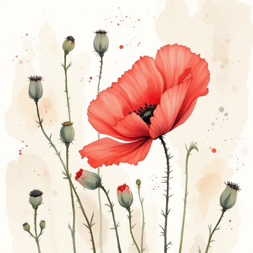 Botanical Watercolor of Red Poppy in Full Bloom