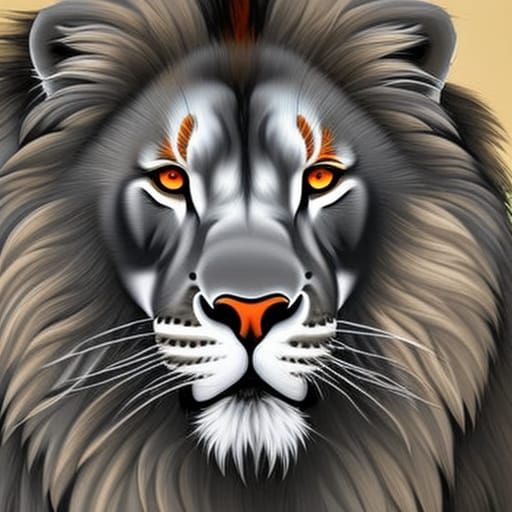 Hyperrealistic Gray Lion with Orange Eyes