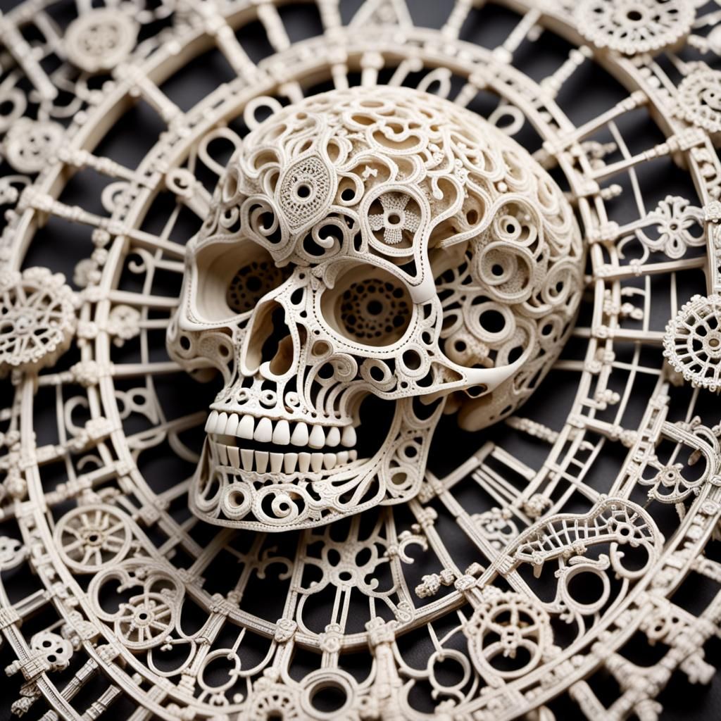 A skull made out of skeleton keys, layers of skeleton keys, extremely detailed, looks like lace, delicate, close up of s...