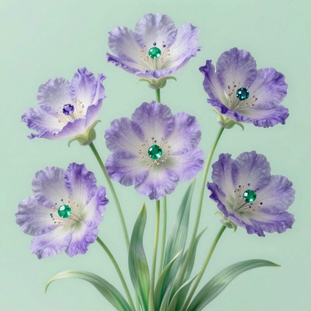 Surreal Luminous Flowers with Gemstones in Ethereal Light