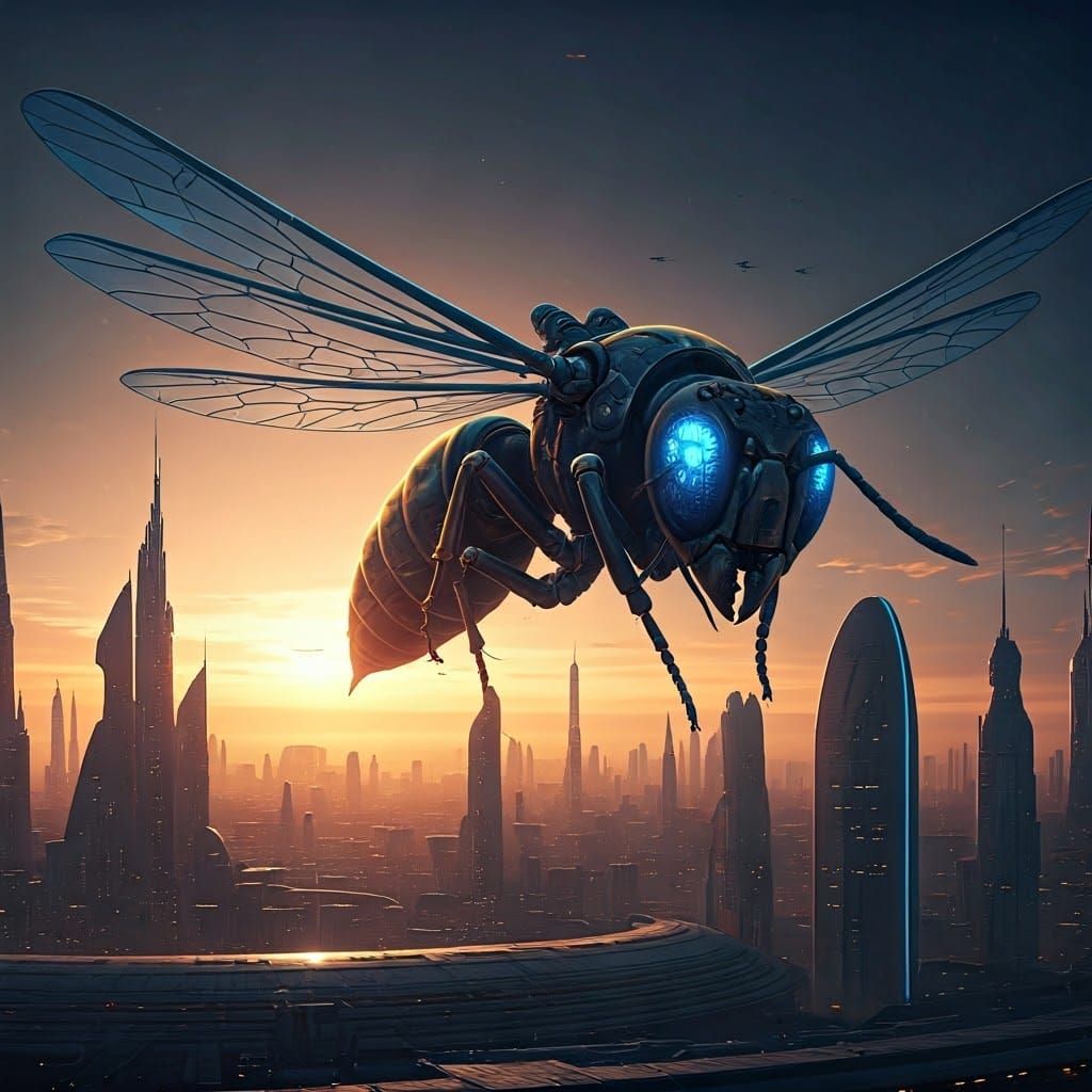 Metallic Wasp Soaring Over Cyberpunk Cityscape