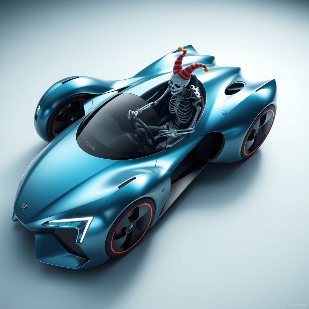 Sleek Futuristic Car with Skeleton Driver in Metallic Blue