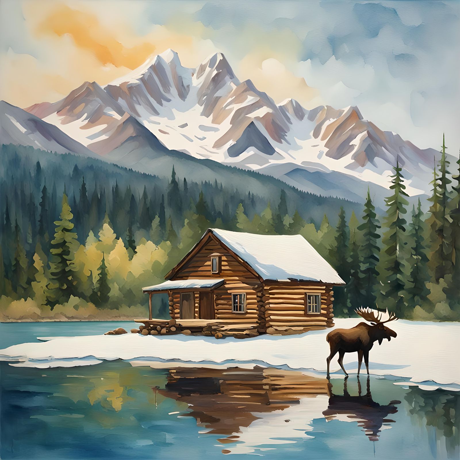 Cabin, Lake, and Moose in Gouache Style