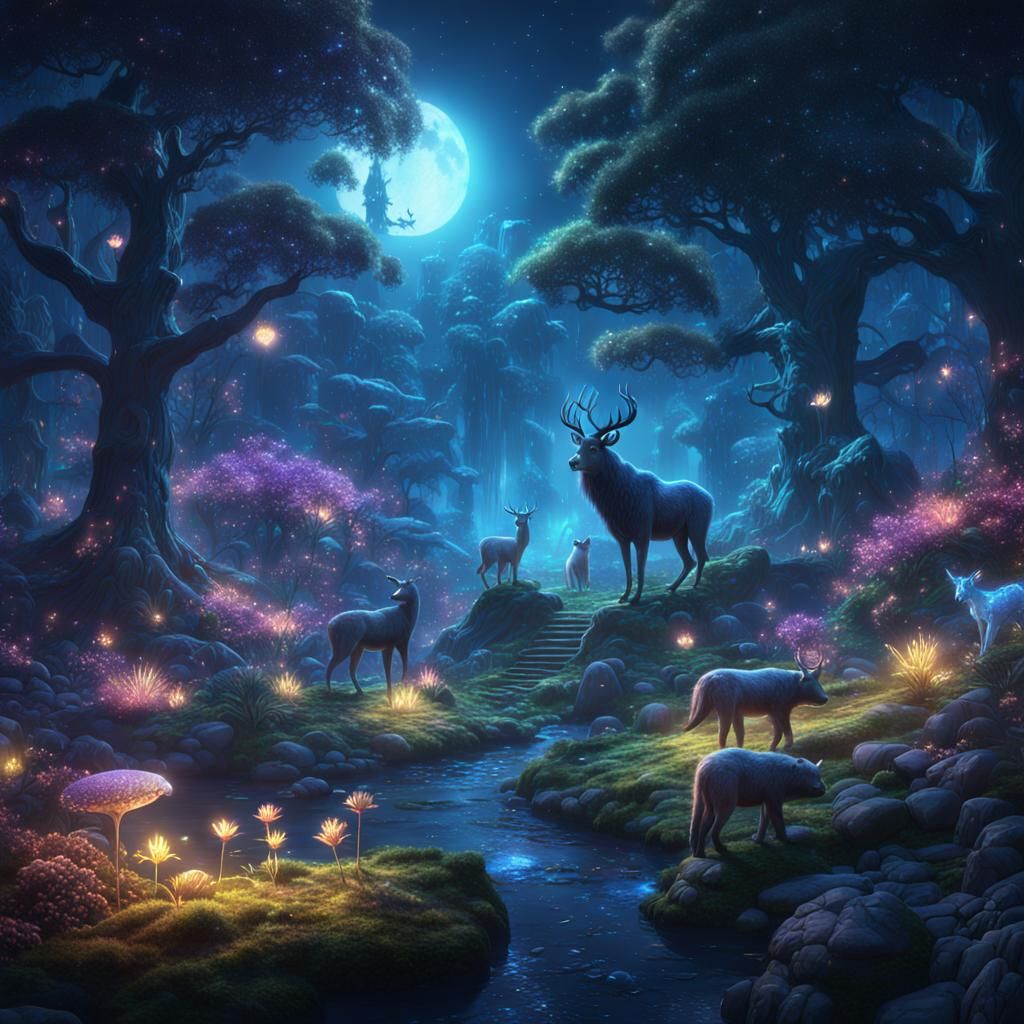 Sparkling Animals in Enchanted Forest at Night