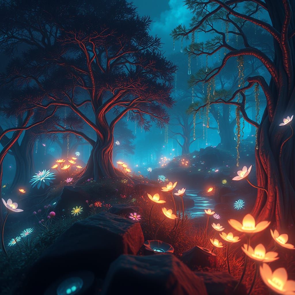 Phosphorescent Bioluminescent Landscape in a Dreamy Style