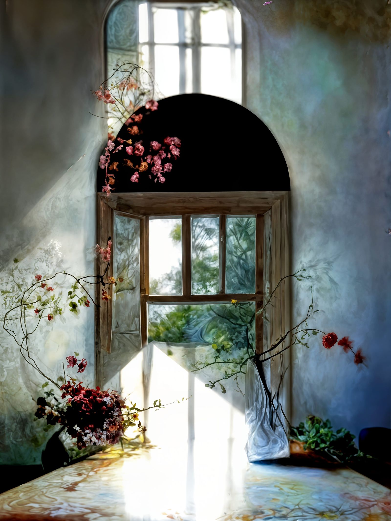 Radiant Flowers by Window, Hyperrealist Impasto Painting