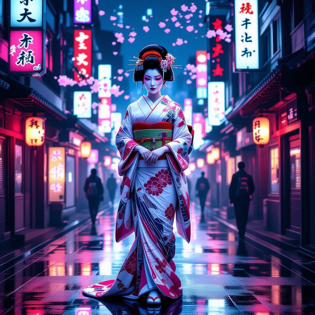 Cyberpunk Geisha in Futuristic Tokyo, Ukiyo-e Style