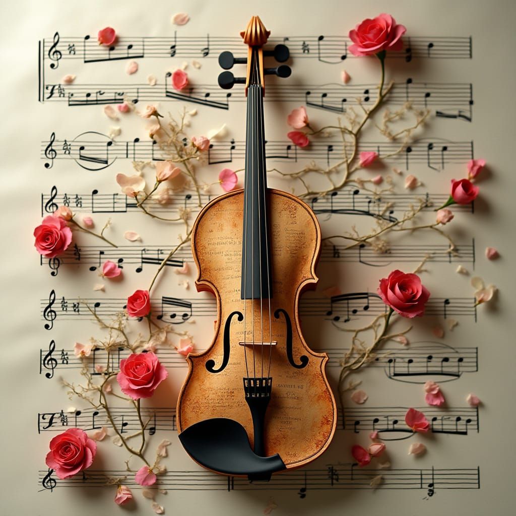 Paper Mache Violin with Blossoms in Vintage Style