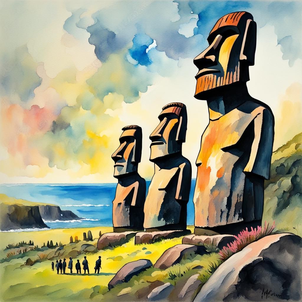 Easter Island Statues in Gouache Watercolor Style