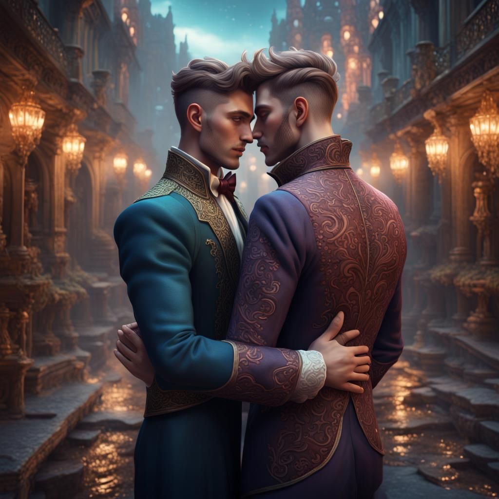 Romantic Embrace of Two Men: Detailed Matte Painting