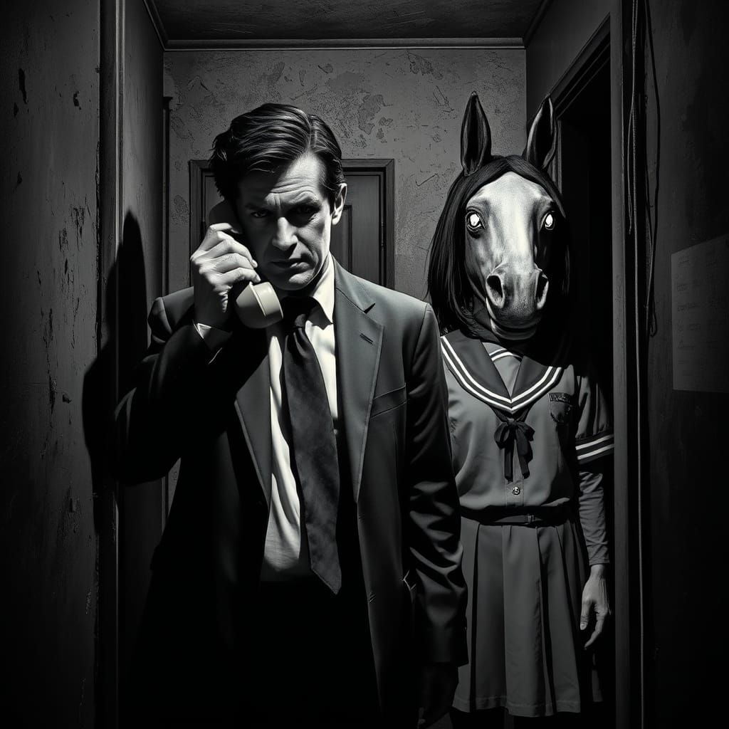 Eerie Horse Mask Girl in Japanese Horror Style