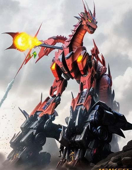Robotic Dragon Transformer Breathing Fire in Black Fog