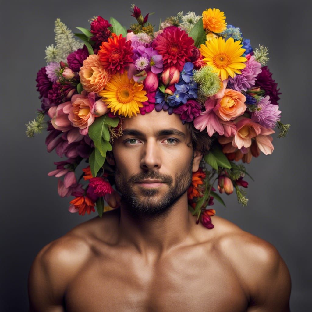 Man with Crown of Colorful Flowers