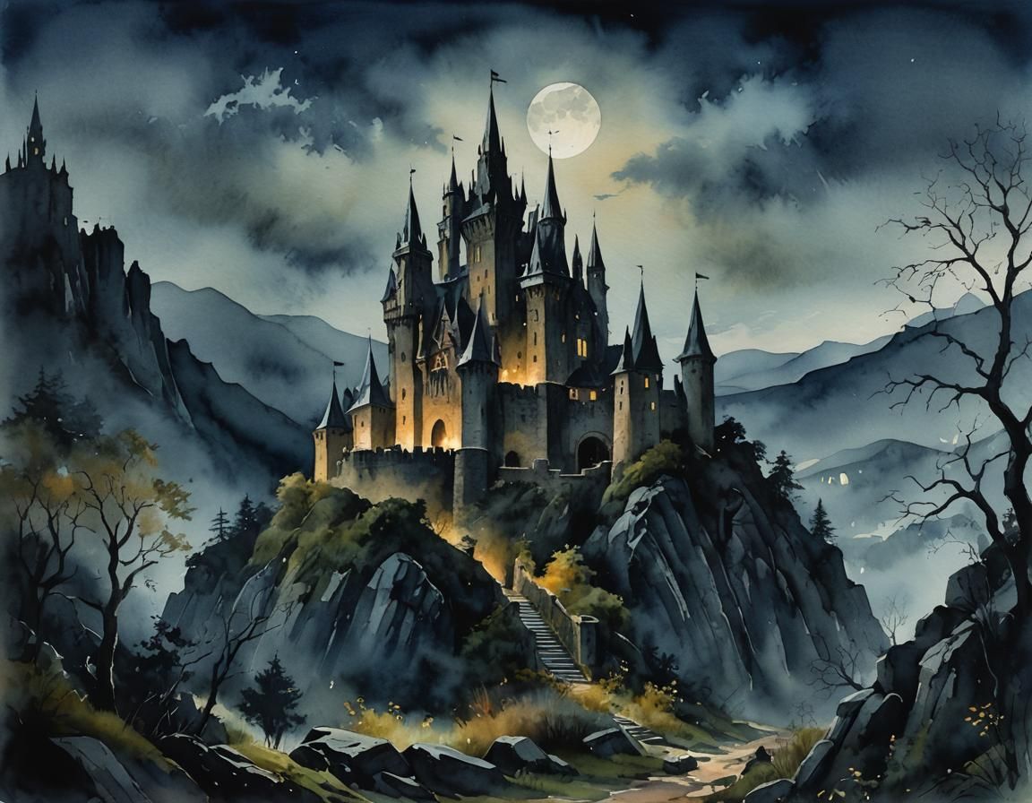 Haunted Castle at Night in Watercolor Style