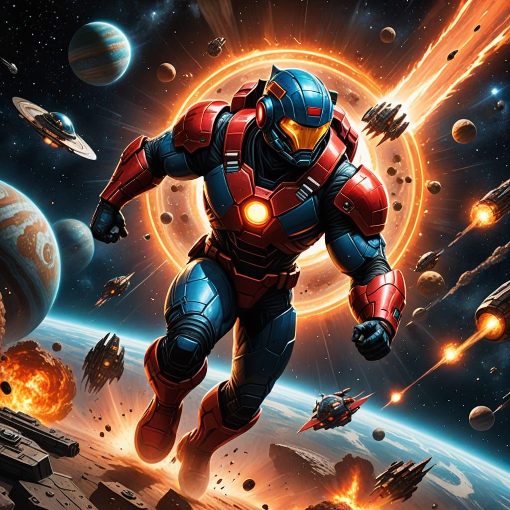 Superhero Blasts Alien Ships Near Jupiter in Realistic Space...