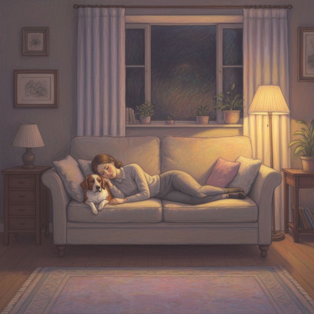 Cozy Living Room Scene with Woman and Dog in Pastel Style