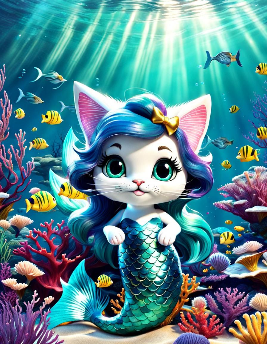 Cartoon Cat Mermaid in the Ocean