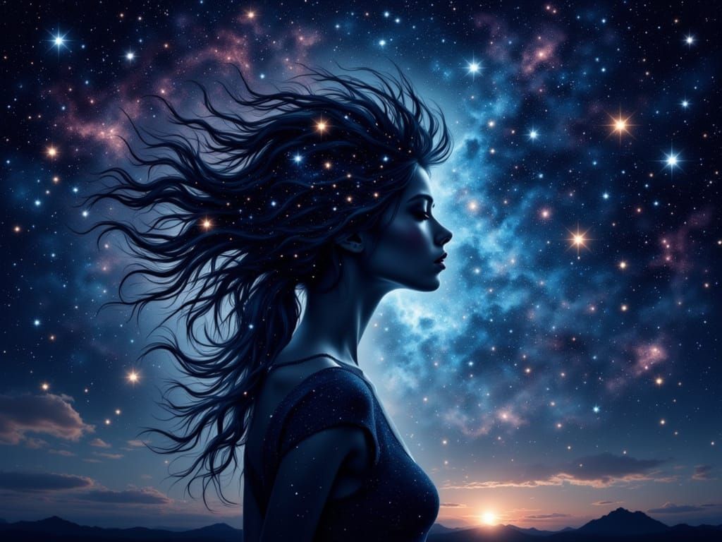 Woman Silhouette Made of Stars in Deep Galaxy Colors