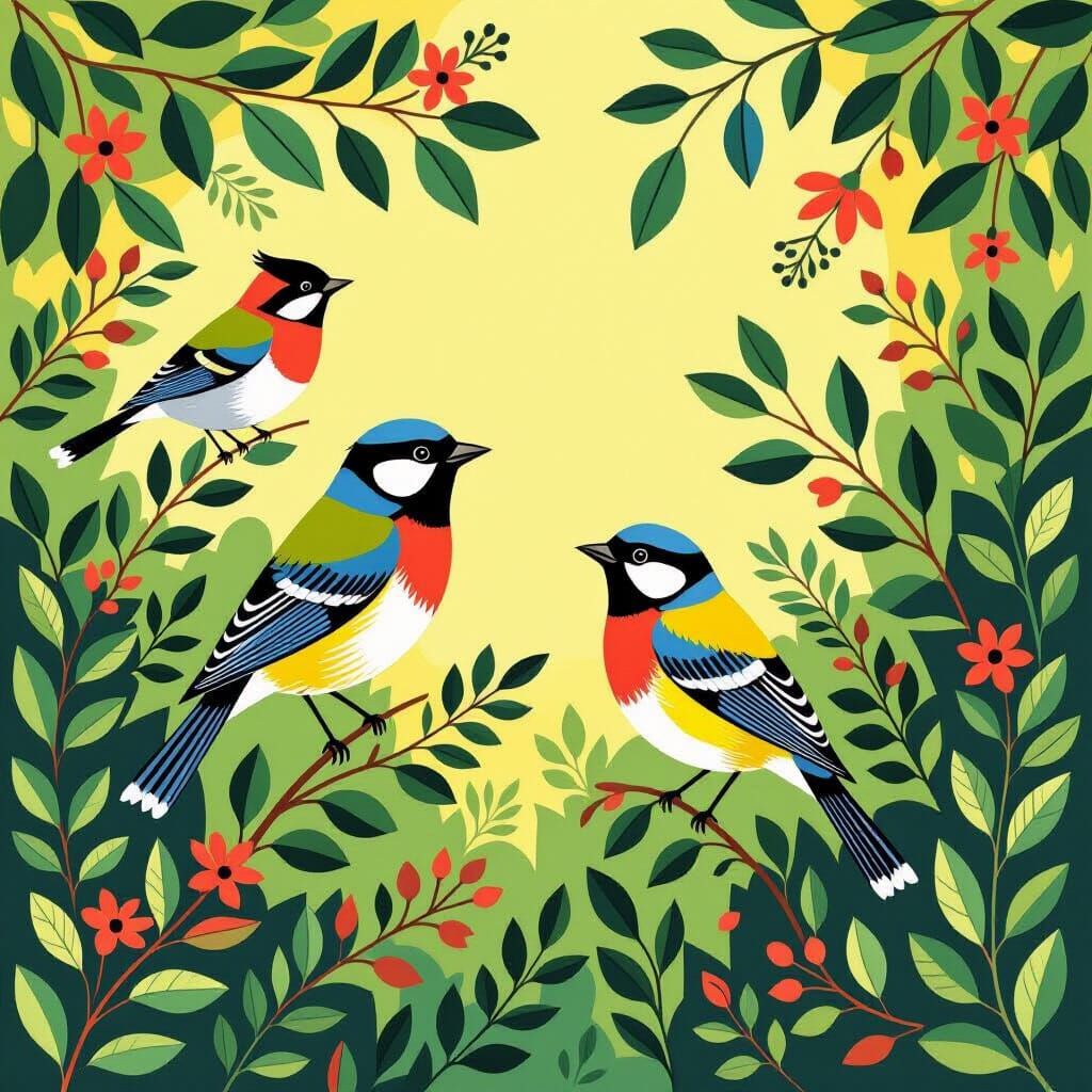 Vibrant Birds in Lush Foliage, Geometric Style