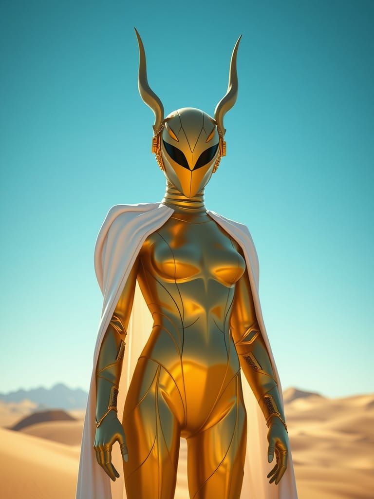 Ethereal Futuristic Guardian in Shimmering Gold and White Ar...