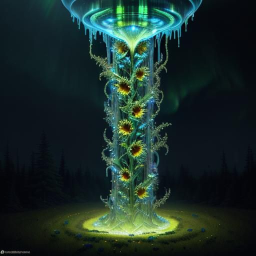 Bioluminescent Crystal Sunflower in Enchanted Forest