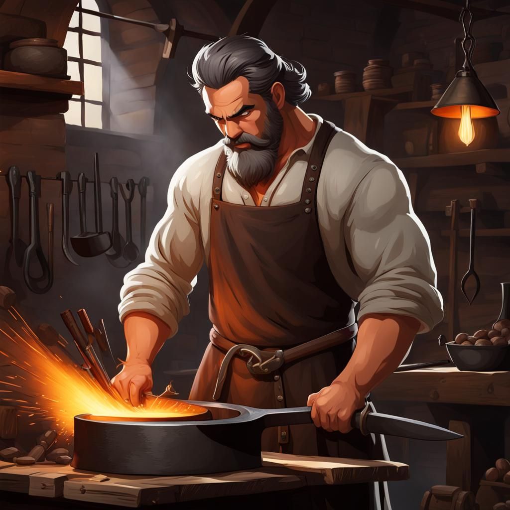 Blacksmith Forging Metal with Large Muscles