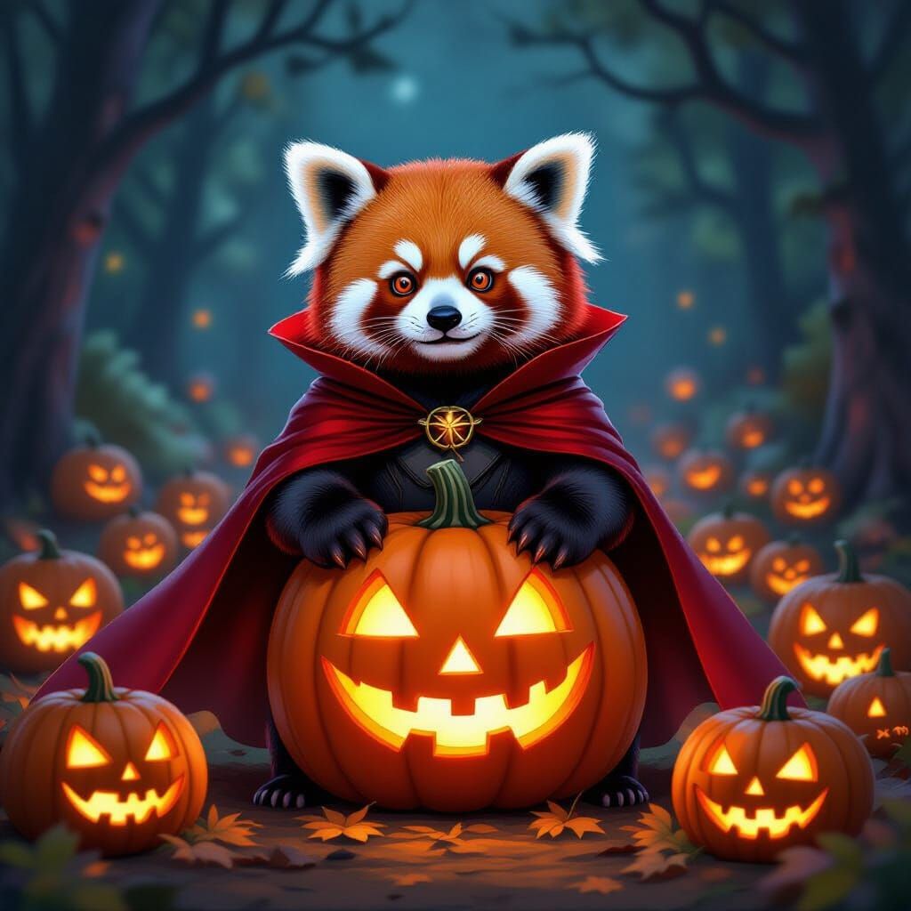 Red Panda King of Pumpkins in Glowing Cape