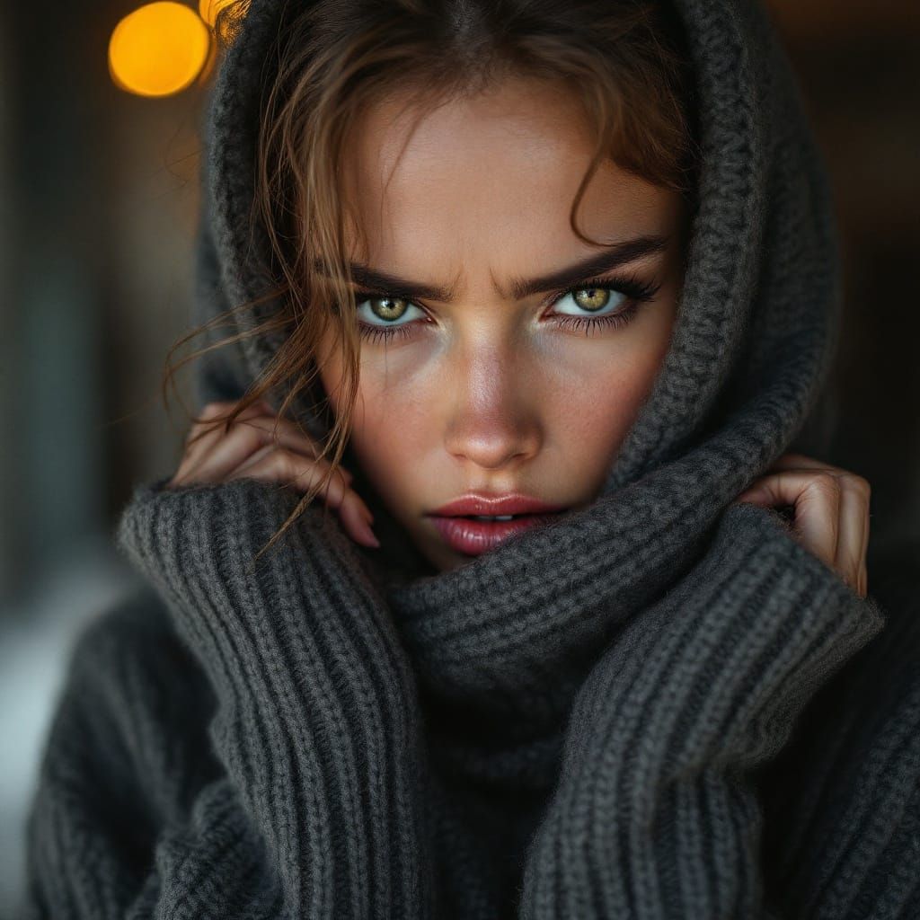 Woman in Frustrated Expression, Wrapped in Heavy Sweater