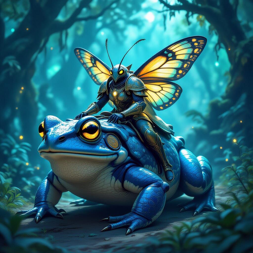 Moth Warrior Rides Giant Blue Frog in Enchanted Forest