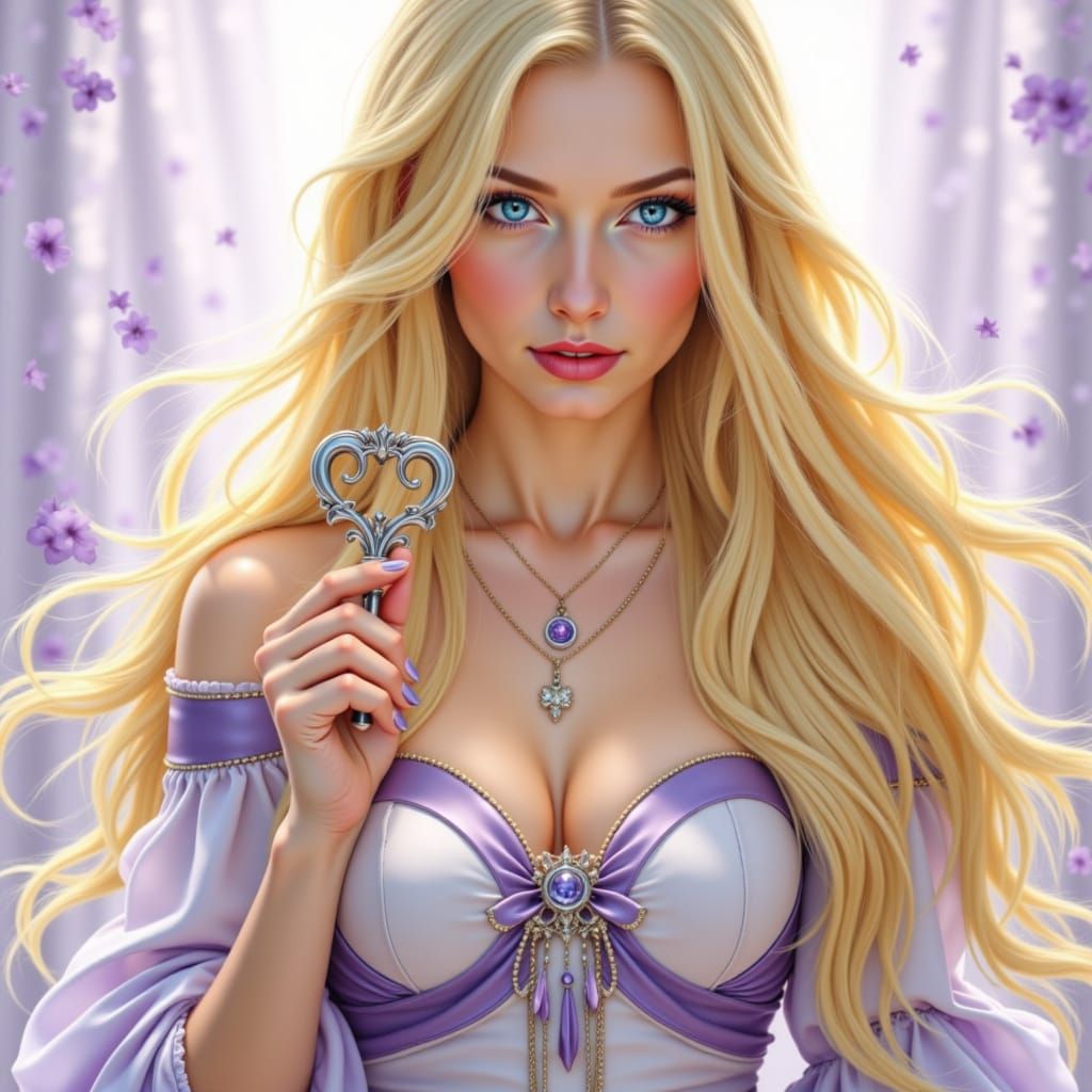 Woman Holds Heart Key with Ethereal Gradient Background