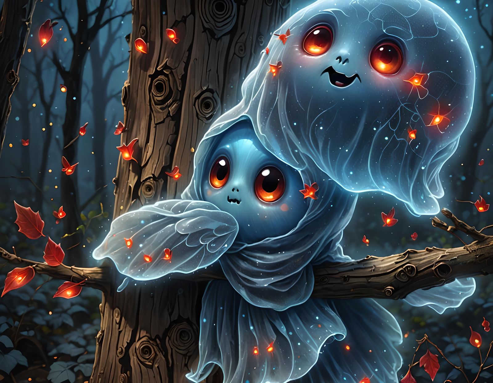Adorable Blue Ghost with Red Eyes in Digital Art