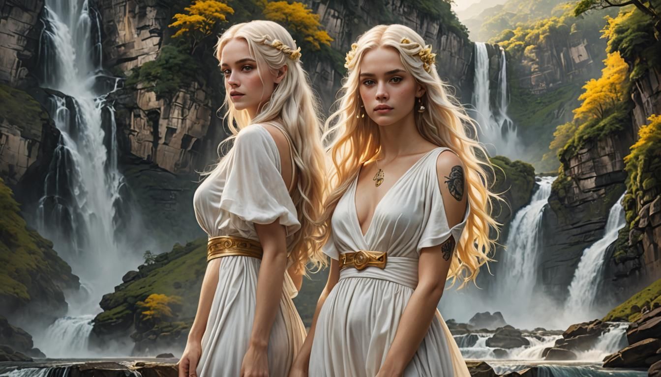 Hyperrealistic Woman Searches for Gemini near Waterfall