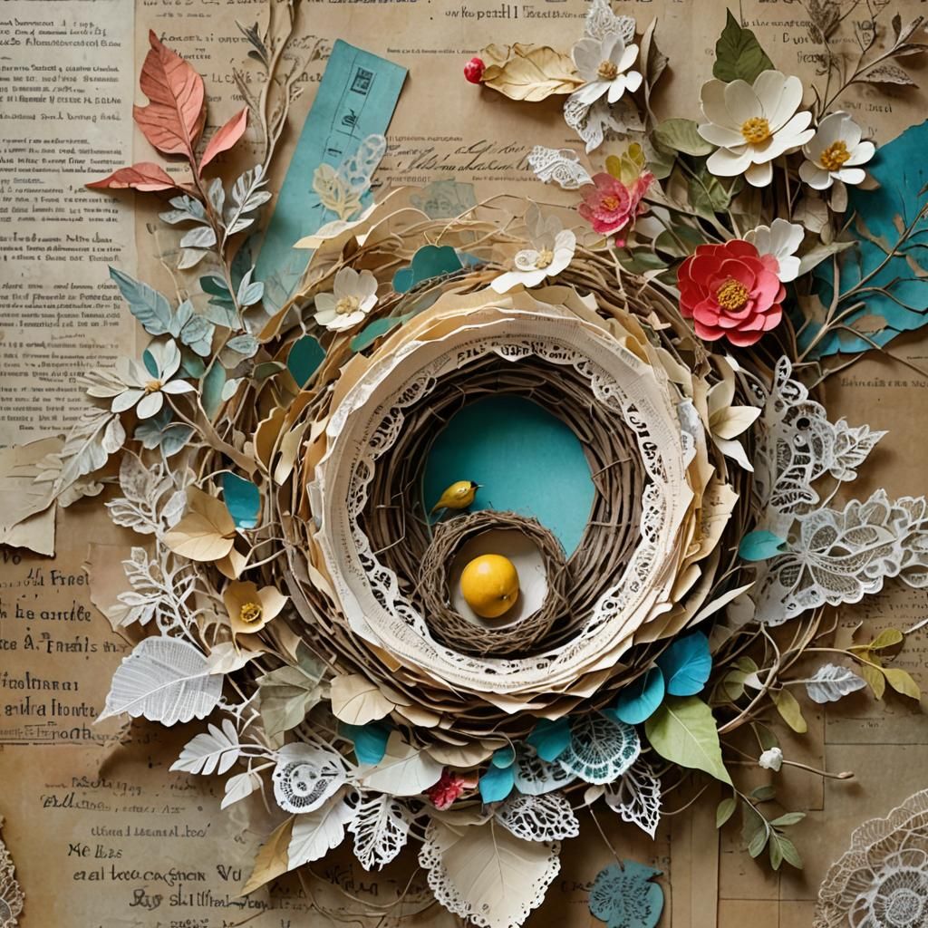 Mixed Media Collage Painting of Bird Nest