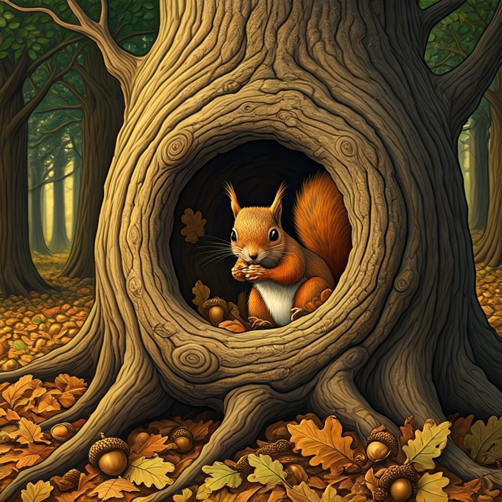 Whimsical Squirrel Hiding Acorns in Enchanted Forest