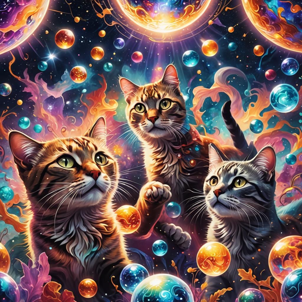 Cats Playing with Orbs in Dreamlike Astral Plane