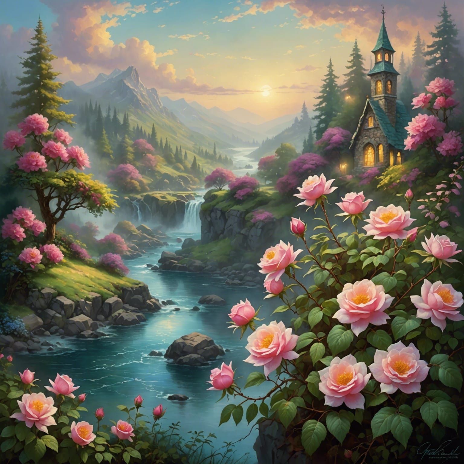 Ethereal Wild Roses in a Misty Landscape