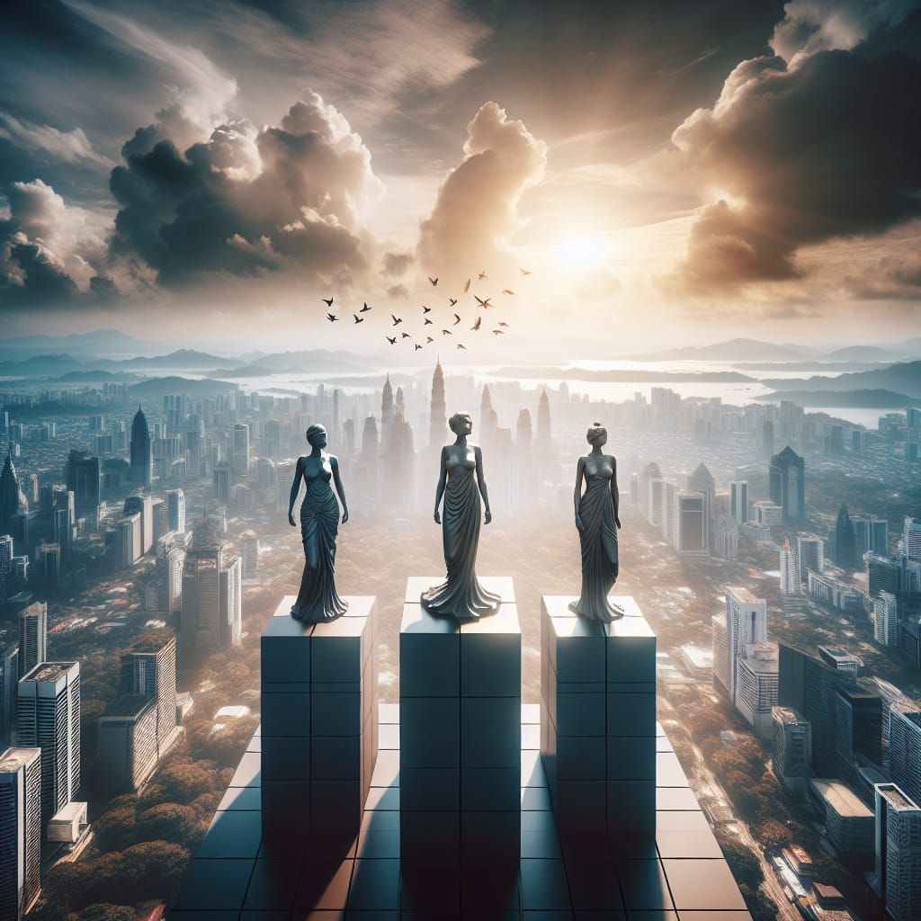 Statues of Diverse Women Overlook Cityscape