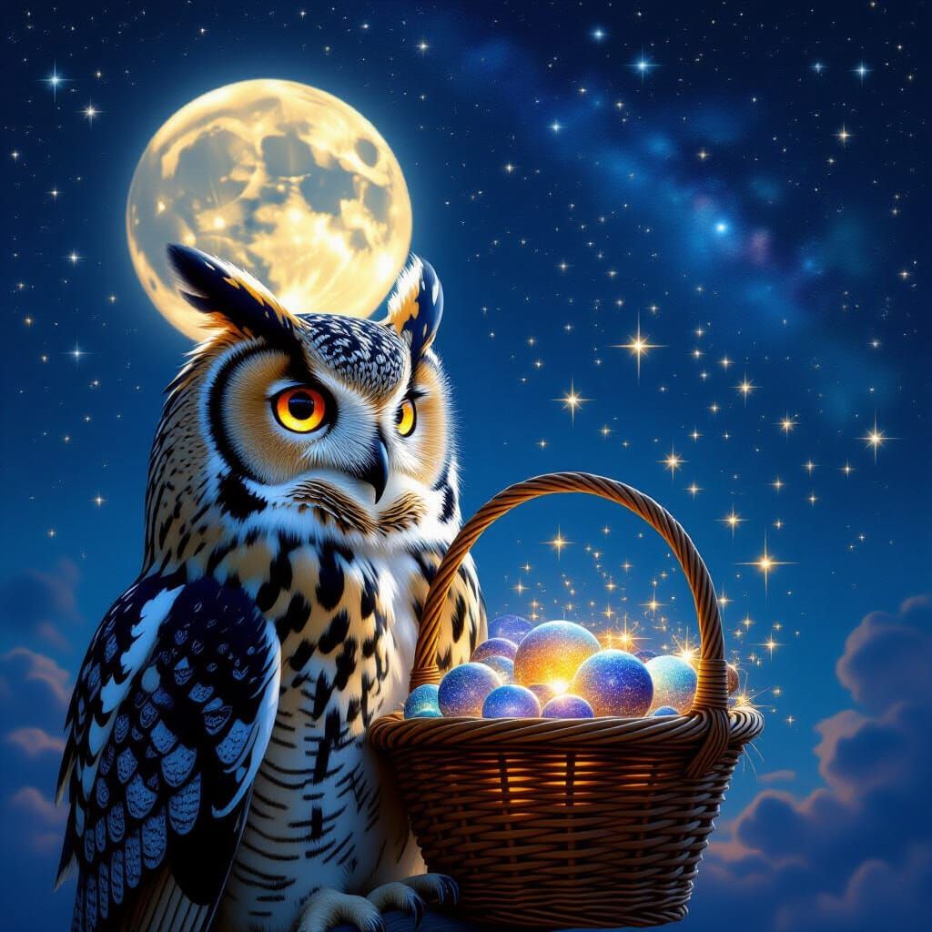 Wise Owl Gazes at Starry Sky with Star Basket