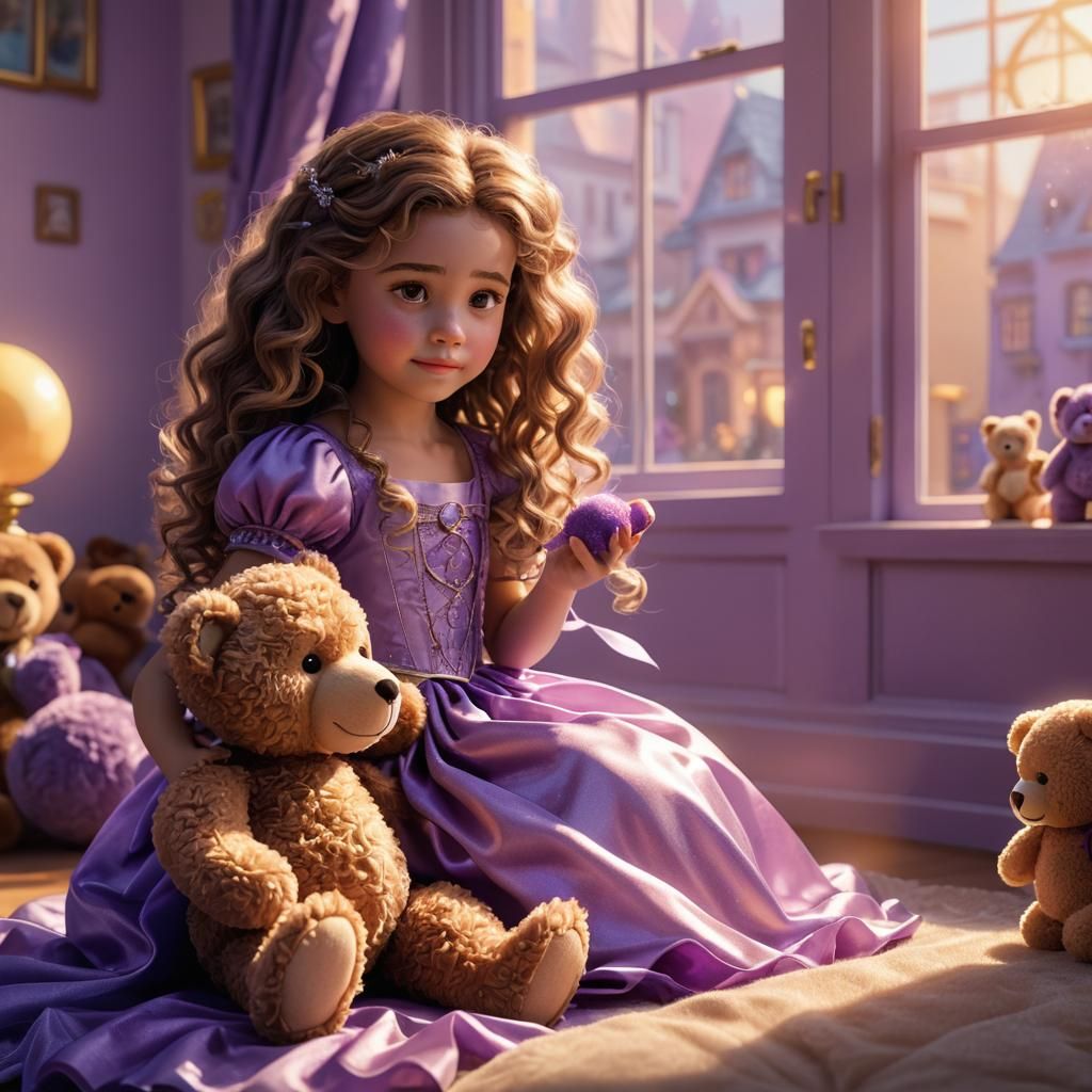 Girl in Purple Gown with Teddy Bear: 3D Digital Art
