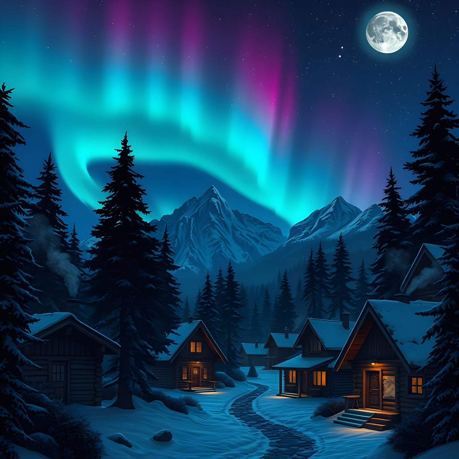 Whimsical Winter Village Under Starry Skies