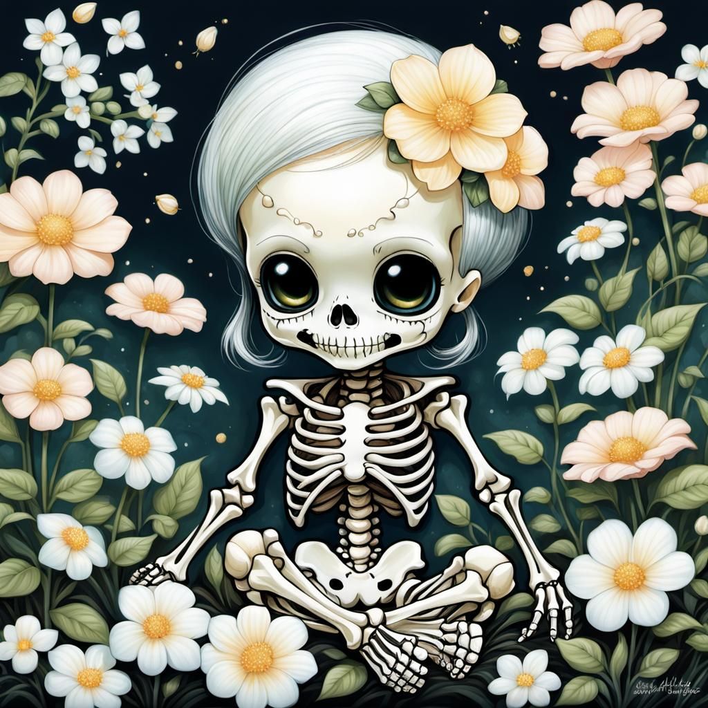 Chibi Baby Skeleton in Floral Setting