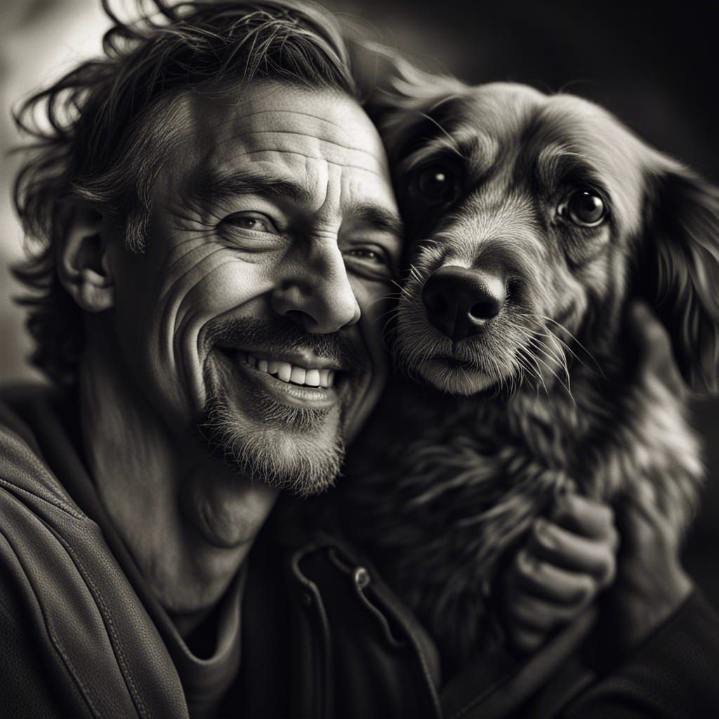 Man and Dog: Detailed Black and White Pencil Portrait