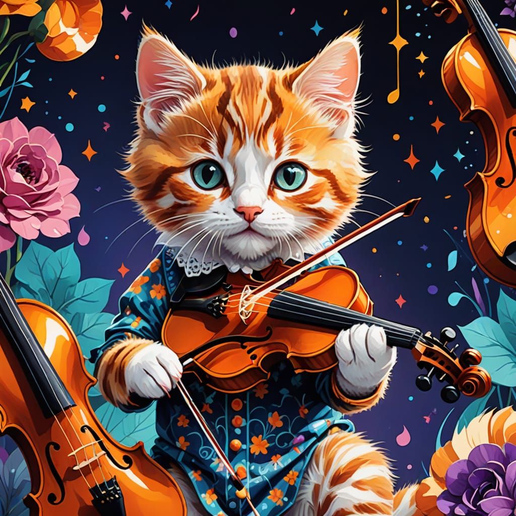 Whimsical Calico Kitten Plays Vibrant Violin in Comic Book S...